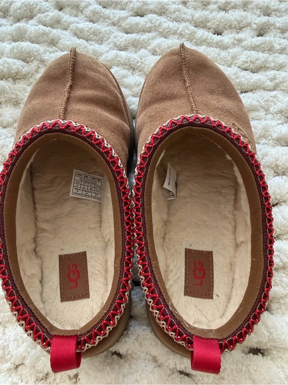 UGG Chestnut Suede Slip-On Clogs with Red Trim